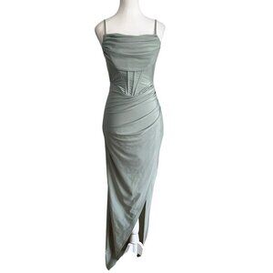 FAERIESTY SAGE MINT GREEN CORSET DRAPED SPAGHETTI STRAP SLIT FORMAL LONG DRESS